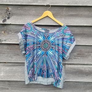 Wet Seal top boxy mandala bohemian blue pattern fun womens juniors polyester - M